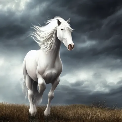 Image similar to a white horse standing in the wind, background stormy sky, hyperdetailed, artstation, cgsociety, 8k