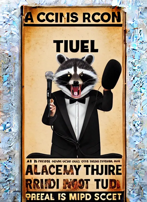 Prompt: A racoon screaming wearing a tuxedo, screaming into an oldschool microphone. Poster