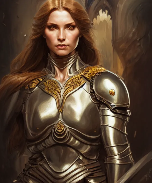 Image similar to Muscular and powerful medieval knight woman portrait, sci-fi, amber eyes, face, long hair, fantasy, intricate, elegant, highly detailed, digital painting, artstation, concept art, smooth, sharp focus, illustration, art by artgerm and greg rutkowski and alphonse mucha