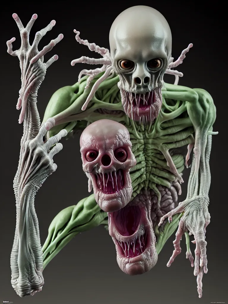 Image similar to hyperrealistic rendering, fat smooth cronenberg flesh monster transparent grey alien with skull and spine by donato giancola and greg rutkowski and wayne barlow and zdzisław beksinski, product photography, action figure, sofubi, studio lighting, colored gels, colored background