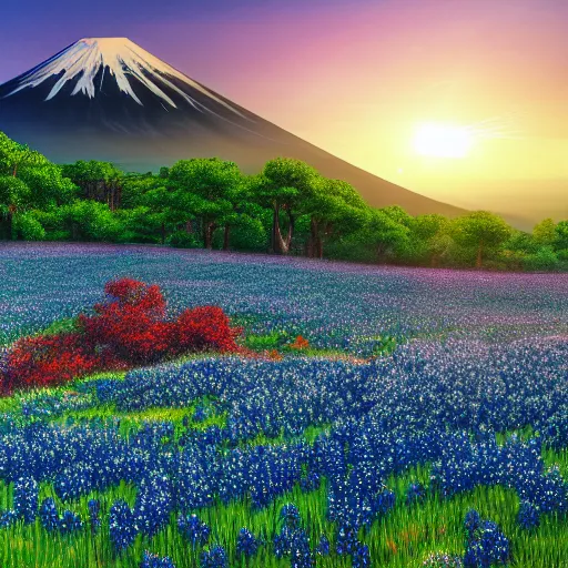 Prompt: a beautiful and detailed picture of mount fuji surrounded by a field of bluebonnets, in the style of magic the gathering, highly detailed, digital painting, god rays, volumetric lighting, octane render, 4 k resolution, art by adam paquette and johann bodin and jason rainville
