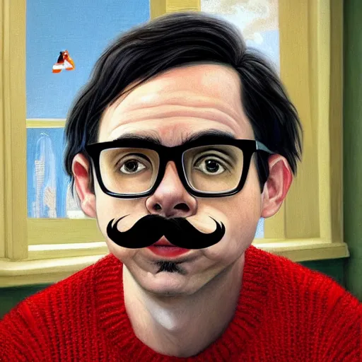 Image similar to An Oil Painting of Rivers Cuomo in a sweater with long hair and a mustache playing his piano in an apartment as a nuke drops onto the city outside his window next to him, hyperrealistic, extremely realistic, highly realistic, HD Quality, 4k resolution, 8k resolution, Detailed, Very Detailed, Highly Detailed, Extremely Detailed, Intricate Details, Real, Very Real, Oil Painting, Digital Painting, Painting, Trending on Deviantart, Trending on Artstation