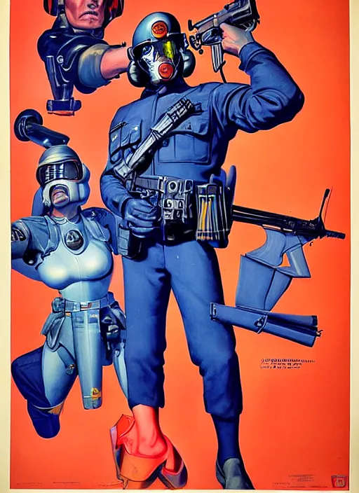 Image similar to american propaganda poster. cyberpunk police trooper. portrait by jean giraud and anton otto fischer and john philip falter and will eisner and gil elvgren. realistic proportions. character art. science fiction d & d. tf 2, overwatch.