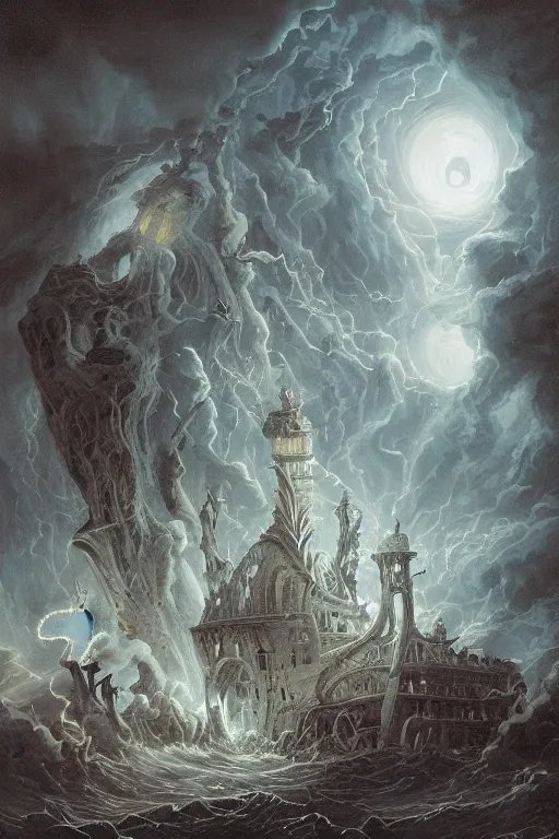 Prompt: Detailed Exterior Shot of Stormy Nightmare Horror Film Evil Stormy Lighthouse of Alexandria, light of hell, moonlight shafts, swarm of bats, atmosphere, in Style of Peter Mohrbacher, cinematic lighting