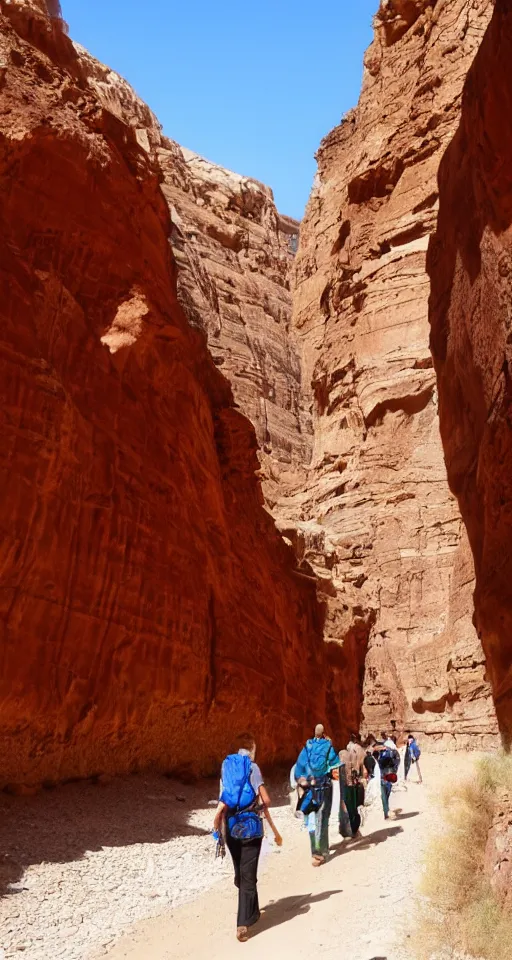 Image similar to narrow canyon in a desert, filled with flowers, caravan traders walking through on camels