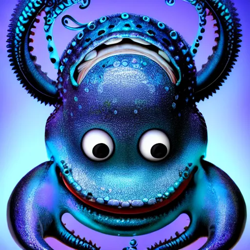 Image similar to beauty photograph of an adorable baby faced alien with tentacles on the sides of it's mouth, blue, tiny horns