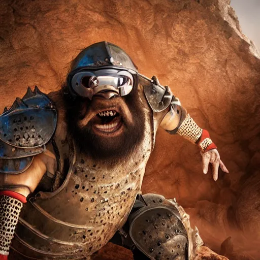 Prompt: highly detailed octane render of a close up portrait of an ugly man with a giant beard wearing goggles and armour and screaming in a cave whilst being chased by giant insects