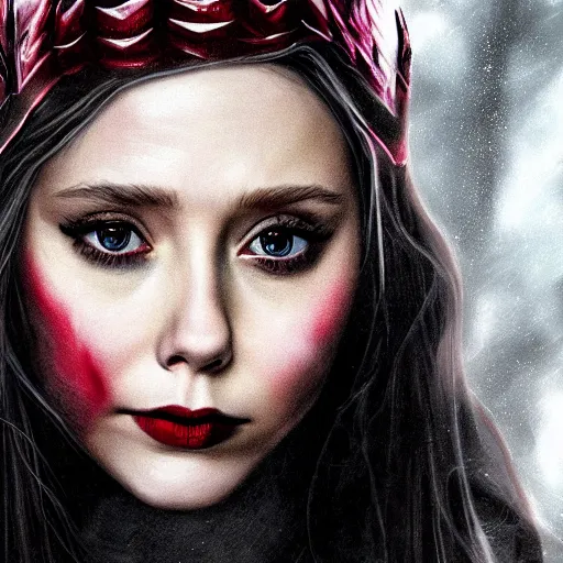 Image similar to Elizabeth Olsen as the Scarlet Witch in emo attire and dark eyeliner, trending on artstation, gloomy atmosphere, photorealistic facial features, 4k, 8k