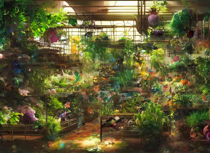 Image similar to messy cozy store with cluttered hanging cages and bright aquariums, dense verdant foliage, dim painterly lighting volumetric aquatics, impasto, trending on pixiv