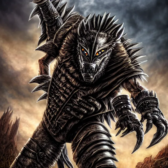 Image similar to armoured werewolf warrior, 4 k, hdr, smooth, sharp focus, high resolution, award - winning photo, anne stokes, photorealistic