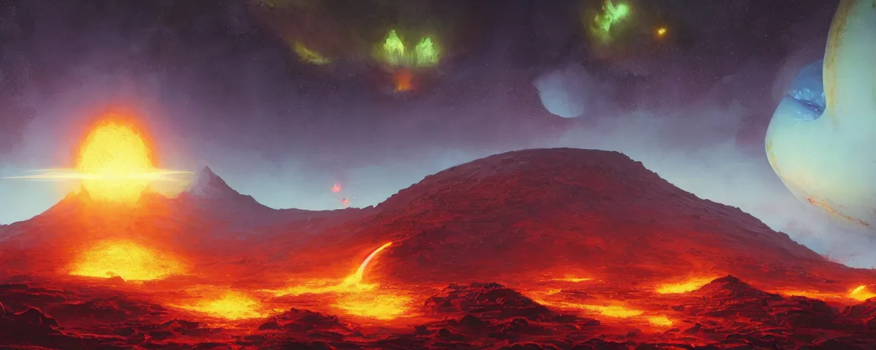 Prompt: ” outer planet with erupting volcanoes, [ art by paul lehr, cinematic, detailed, epic, widescreen, opening, establishing, mattepainting, photorealistic, realistic textures, octane render ] ”