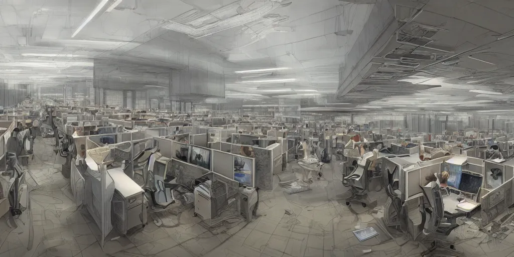 Image similar to endless office by alan lee, intricate, highly detailed, digital painting, artstation, concept art, smooth, sharp focus, illustration, vfx