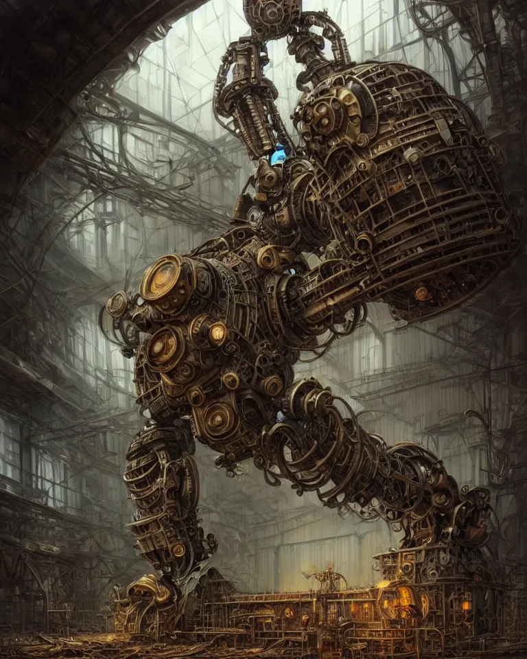 Image similar to low angle shot of a giant steampunk robot character in an abandoned factory, intricate, elegant, highly detailed, centered, digital painting, artstation, concept art, smooth, sharp focus, illustration, artgerm, tomasz alen kopera, peter mohrbacher, donato giancola, joseph christian leyendecker, wlop, boris vallejo