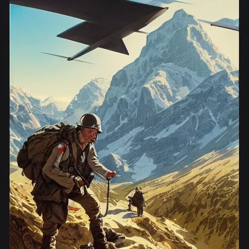 Image similar to highly detailed german ww 2 propaganda!!! nazi poster of german alps, fantasy art by greg rutkowski, loish, rhads, ferdinand knab, makoto shinkai and lois van baarle, ilya kuvshinov, rossdraws, tom bagshaw, global illumination, radiant light, detailed and intricate environment