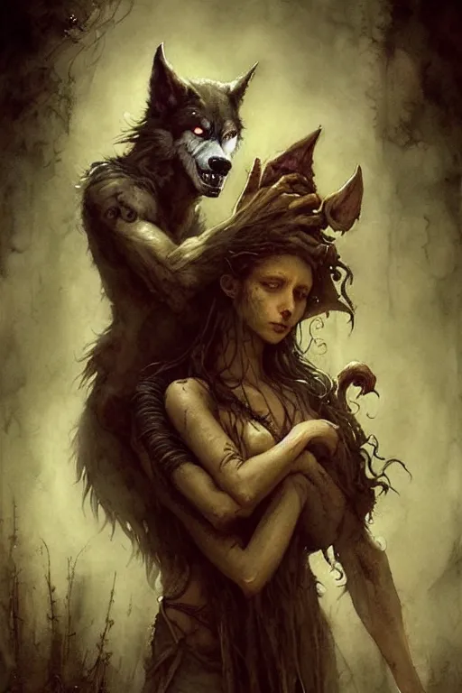 Image similar to werewolf and a witch | esoteric symbolism | jean - baptiste monge, esao andrews, bastien lecouffe - deharme, tim jacobus, ken currie | ultra - detailed realism, soft cinematic lighting, hi - fructose, artstation, high - quality, ink watercolors wes anderson poster art