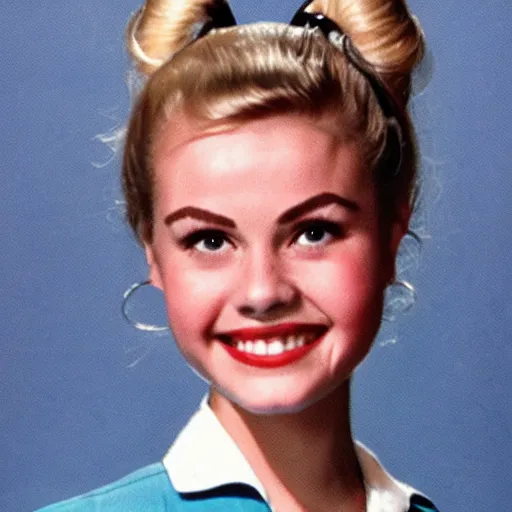 Prompt: a yearbook photo of Betty Cooper in the 1960s, she has a ponytail