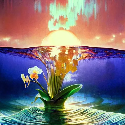 Image similar to detailed giant orchid flower surrounded by ocean wave, lsd water, ripples, transparent droplets, backlit, sunset, refracted lighting, art by collier, albert aublet, krenz cushart, artem demura, alphonse mucha