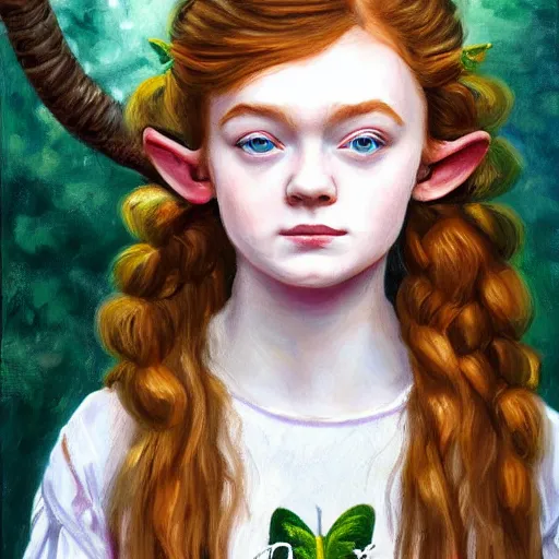 Prompt: a painting portrait of an elvish young girl, looking like Sadie sink, wild hairstyle, 8k, beautiful,