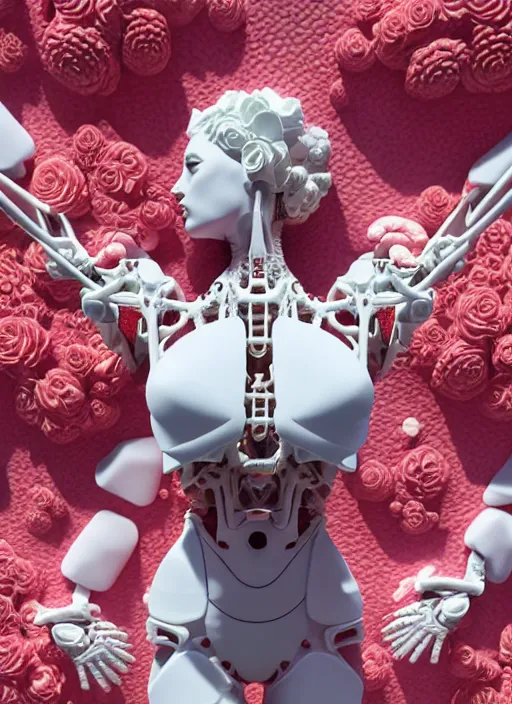 Prompt: biomechanical white yoga room made of corals, daisies, roses, well contoured smooth fair walls with marble statue, up close shot, sharp focus, global illumination, radiant light, alexandre ferra white mecha, irakli nadar, octane highly render, 4 k, ultra hd,