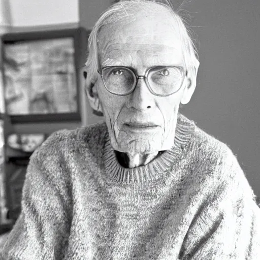 Image similar to A photograph of old Jerma985 in his eighties who looks like Jerma985 wearing a sweater in the 2010s, Jerma985, looks like Jerma985, taken in the late 2010s, taken on a 2010s Camera, realistic, hyperrealistic, very realistic, highly detailed, very detailed, extremely detailed, detailed, digital art, trending on artstation, headshot and bodyshot, detailed face, very detailed face