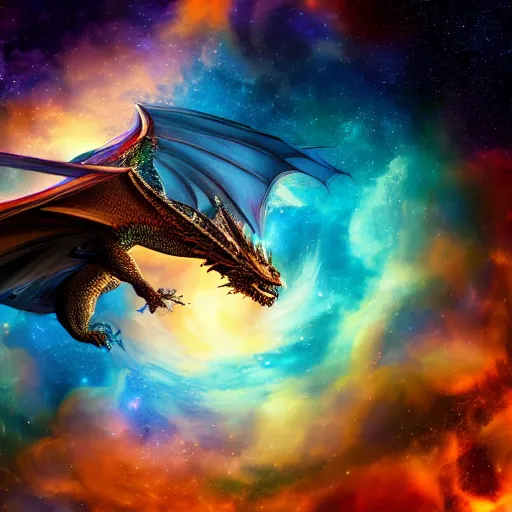 Prompt: a real dragon flying through space, galaxies, dlsr camera, hyper realistic, high definition, 4k