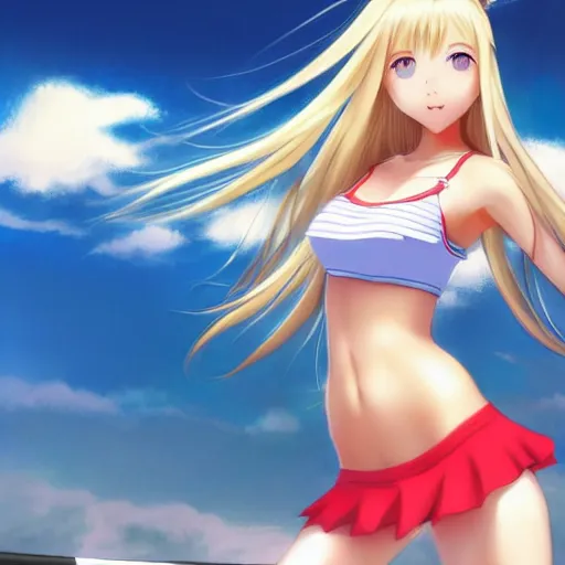 Image similar to a very beautiful young anime tennis girl, long blond hair, full body, sky blue eyes, ( full round face ), short smile, bikini, miniskirt, highly detailed, cinematic wallpaper by stanley artgerm lau