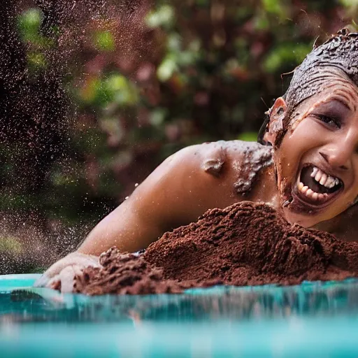 Image similar to person sliding through chocolate pudding head first, slip n slide, professional photo, funny