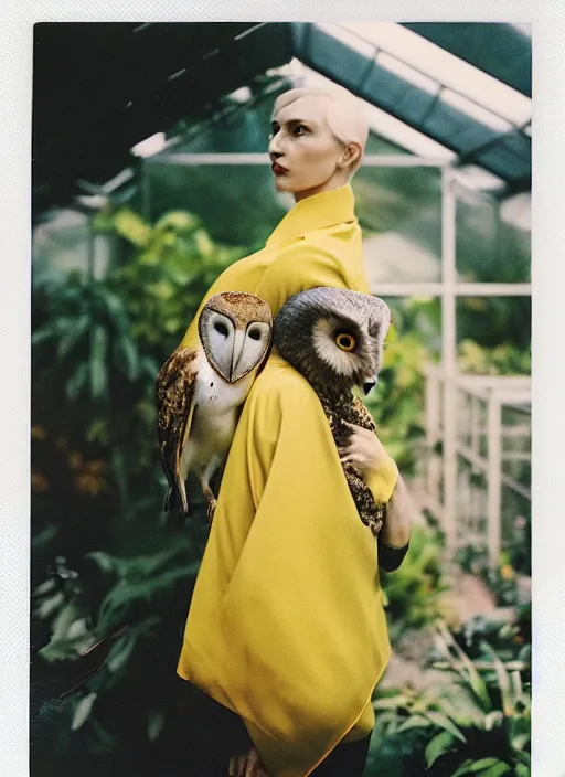 Prompt: grainy head to shoulder portrait Polaroid film photograph of an elegant top model wearing a yellow kimono with a very detailed barn owl on her shoulder!!! in a tropical greenhouse. looking at the camera!!. super resolution. Polaroid 600 film. art by Alessio albi and Annie Leibovitz.