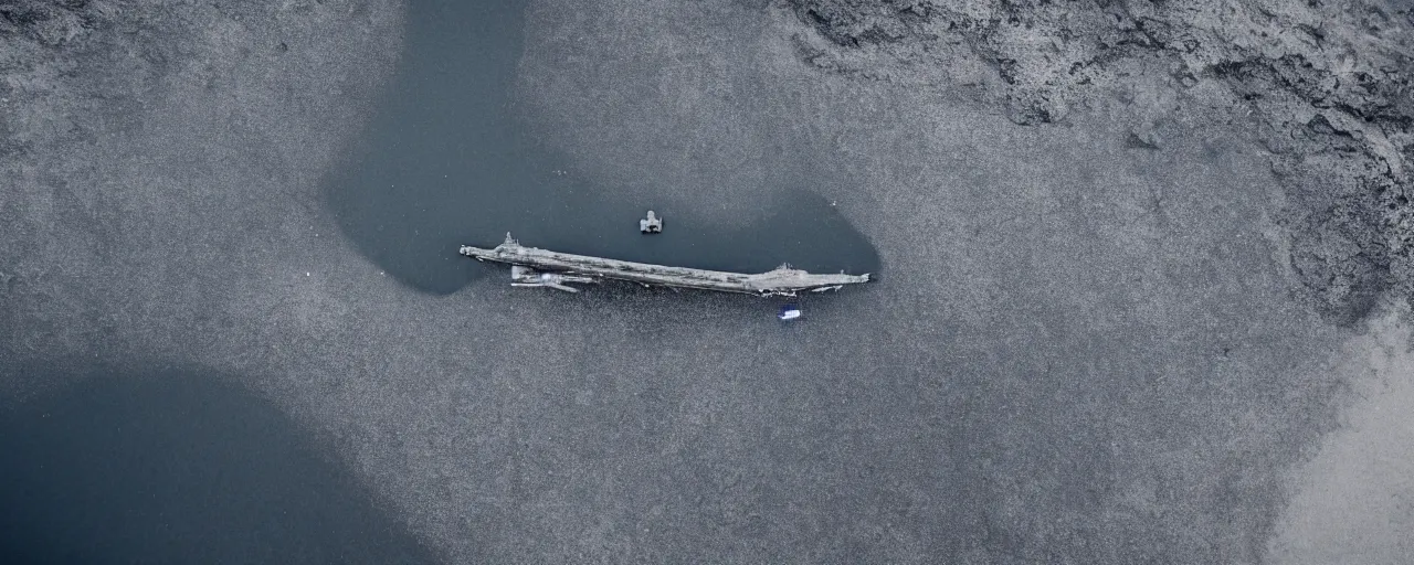 Prompt: low level cinematic aerial shot of abandoned aircraft carrier in the middle of black sand beach in iceland