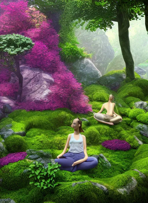 Prompt: hyper realistic render of a heavenly garden of peace, filled with trees, stone slab, flowers, moss, ferns, a girl meditating at a distance, trending on artstation, volumetric lighting, hyper realistic, hyper detailed, high quality render, blender guru