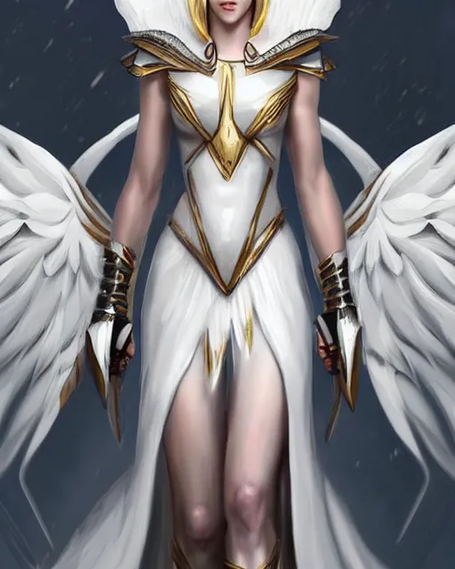 Image similar to perfect white haired egyptian queen emma watson wearing white dove wings warframe armor regal attractive ornate sultry beautiful dreamy digital art painted by wlop trend on artstation, movie key visual