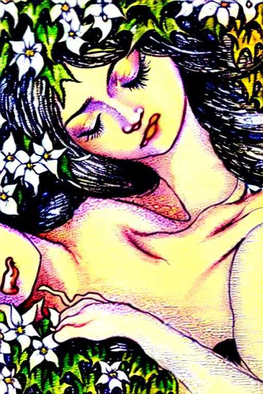 Image similar to closeup face shot of sleeping woman with long hair on a bed surrounded by ivy and flowers, fantasy art, trending on artstation, sleeping beauty fairytale, art by luis royo and walter crane and kay nielsen, watercolor illustration,