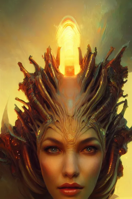 Image similar to attractive alien queen, close - up portrait, intricate, elegant, volumetric lighting, scenery, digital painting, highly detailed, artstation, sharp focus, illustration, concept art, gaston bussiere, ruan jia, steve mccurry