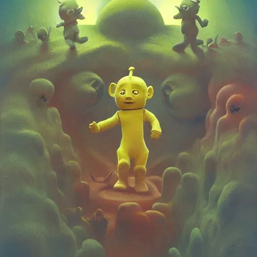 Image similar to The Teletubbies go to Hell, psychedelic art, demonic, fullbody, artstation, dark fantasy, concept art, horror, evil, smooth, sharp focus, illustration, art by greg rutkowski and orientalism and bouguereau and Zdzislaw Beksinski, good clear quality, lighting, biology, symmetrical artwork, perfect face, 135 mm, cinematic, hyper realism, high detail, octane render, 8k, chrome accents