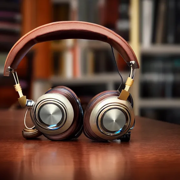 Image similar to masterpiece photo of beautiful crafted retro bismuth metal headphones, bismuth metal, bismuth cups, leather padding, displayed on mahogany desk, modernist headphones, bismuth headphones beautiful well designed, hyperrealistic, audiophile, intricate hyper detail, extreme high quality, photographic, meze audio, sennheiser, hifiman, artstation