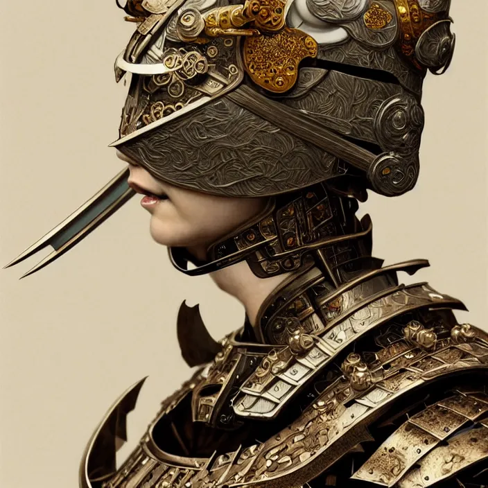 Prompt: japanese porcelain cyborg, Japanese porcelain samurai armor, diffuse lighting, fantasy, intricate, elegant, highly detailed, lifelike, photorealistic, digital painting, artstation, illustration, concept art, smooth, sharp focus, art by John Collier and Albert Aublet and Krenz Cushart and Artem Demura and Alphonse Mucha