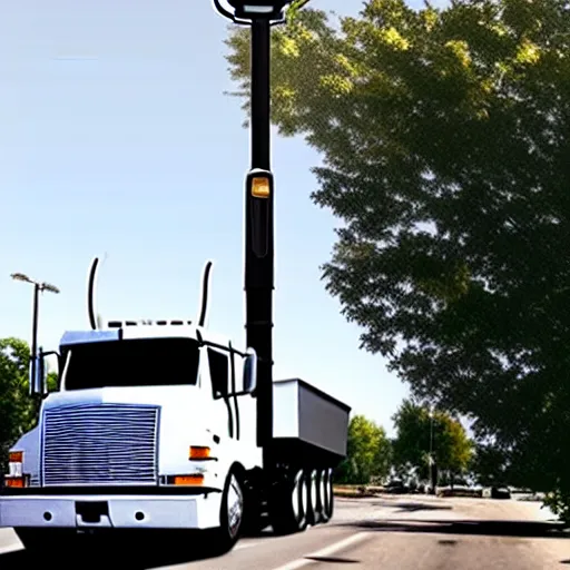 Prompt: truck dangling from atop a street light pole