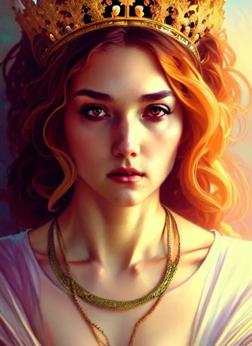 Image similar to rolyatistaylor as queen, incredibly detailed face, pretty face, light dress, true anatomy, art by artgerm and greg rutkowski and alphonse mucha