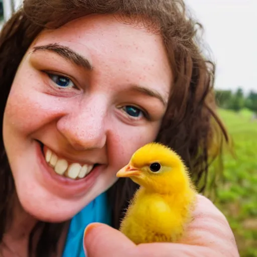 Image similar to A proud young woman in a farm holding up a baby chick extremely close to the camera, almost touching the lens. photograph extremely close wide-angle lens