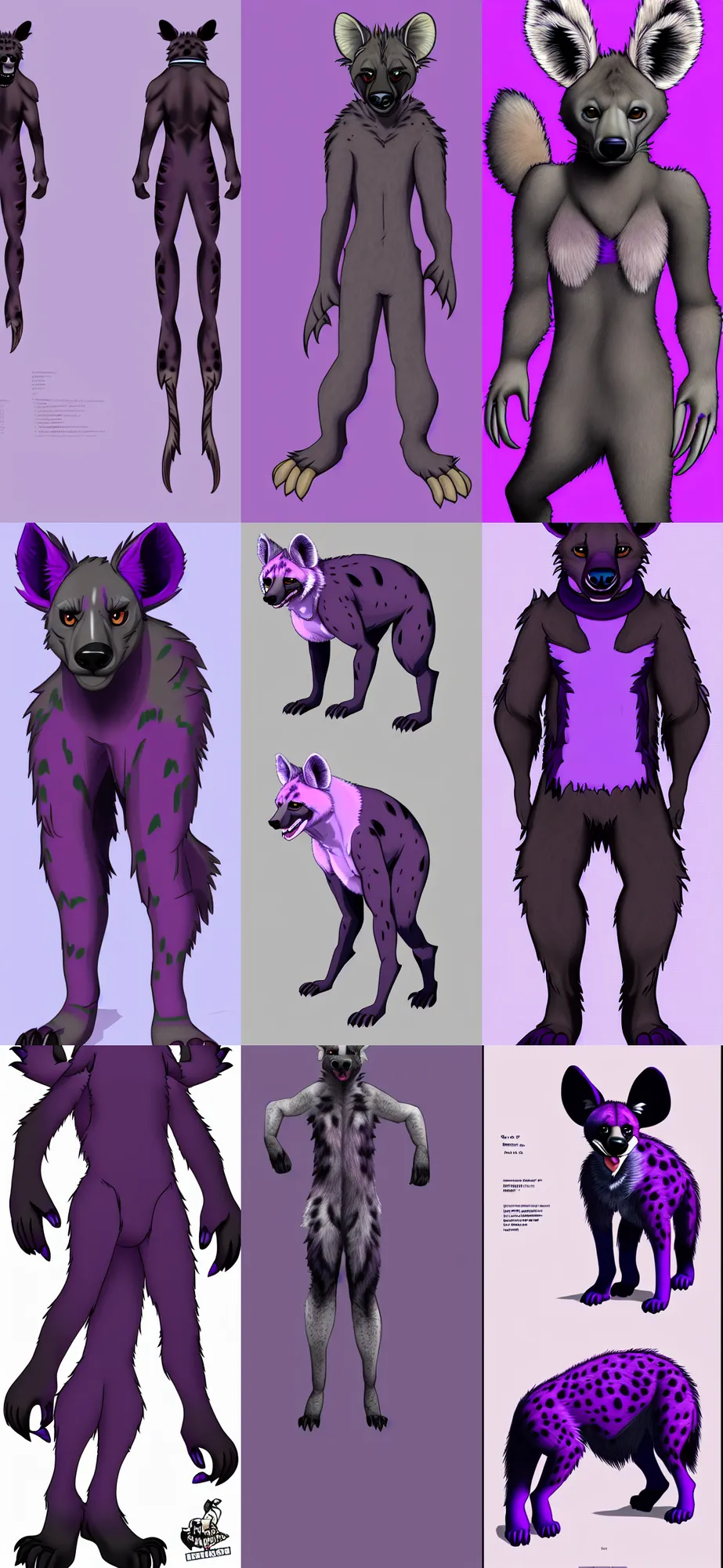 Prompt: a full - body front - perspective furry reference sheet, a male hyena fursona, purple and black color scheme, trending on weasyl, high - resolution, photorealistic