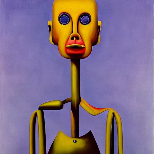 Prompt: biomorphic robot with kind eyes portrait, lowbrow, pj crook, grant wood, edward hopper, oil on canvas