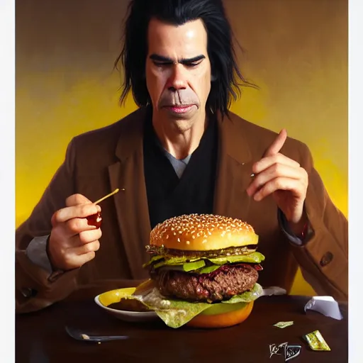 Prompt: portrait of nick cave eating hamburgers, extra onions and ketchup, luscious patty with sesame seeds, feminine ethereal, handsome, d & d, fantasy, intricate, elegant, highly detailed, digital painting, artstation, concept art, matte, sharp focus, illustration, art by artgerm and greg rutkowski and alphonse mucha