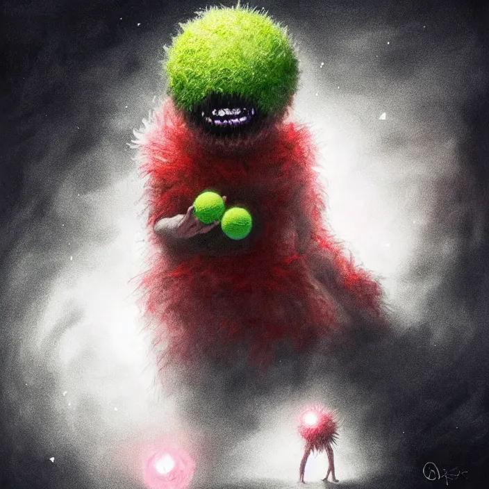 Image similar to cinematic portrait of a cute tennis ball monster in the abyss of space, chalk, masterpiece, trending on artstation, featured on pixiv, cinematic composition, dramatic pose, beautiful lighting, sharp details, hyper-detailed, HD, HDR, 4K, 8K, art by Basil Gogos