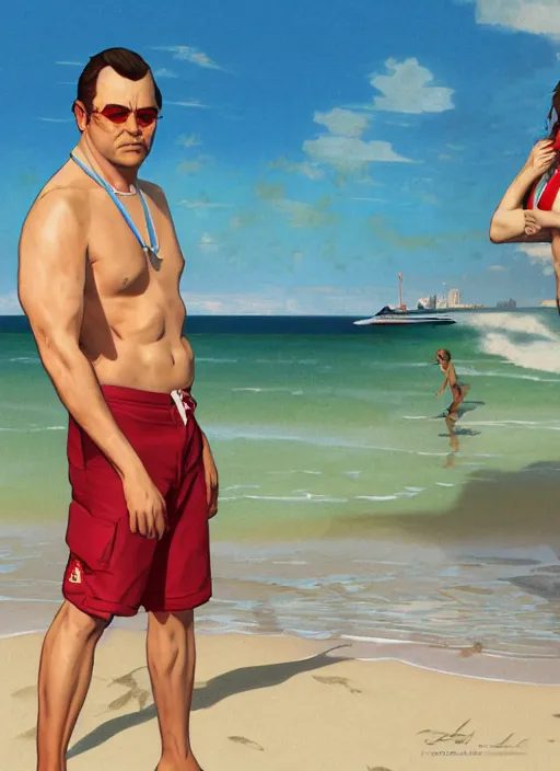 Image similar to portrait of Lester from GTA V as sea lifeguard on the beach, full length shot, shining, 8k highly detailed, sharp focus, illustration, art by artgerm, mucha, bouguereau