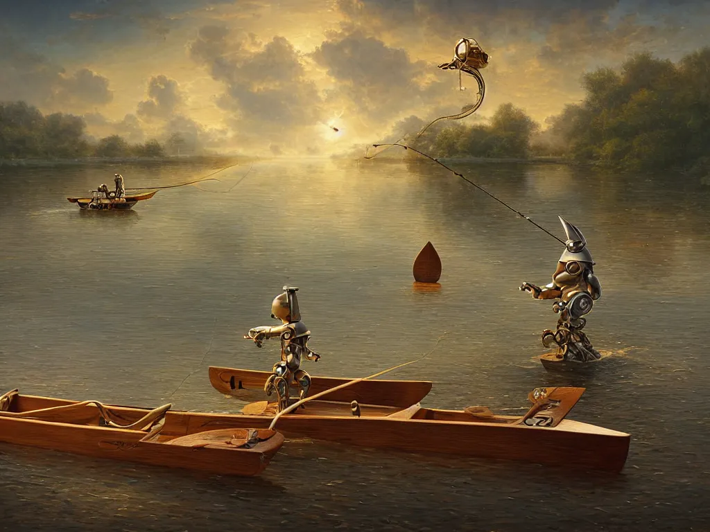 Prompt: simple retro robot, fishing in a wooden canoe, whimsical, highly detailed, michael cheval, peter mohrbacher, boris vallejo, jessica rossier, oil painting, highly detailed, cinematic lighting, tilt shift, golden hour