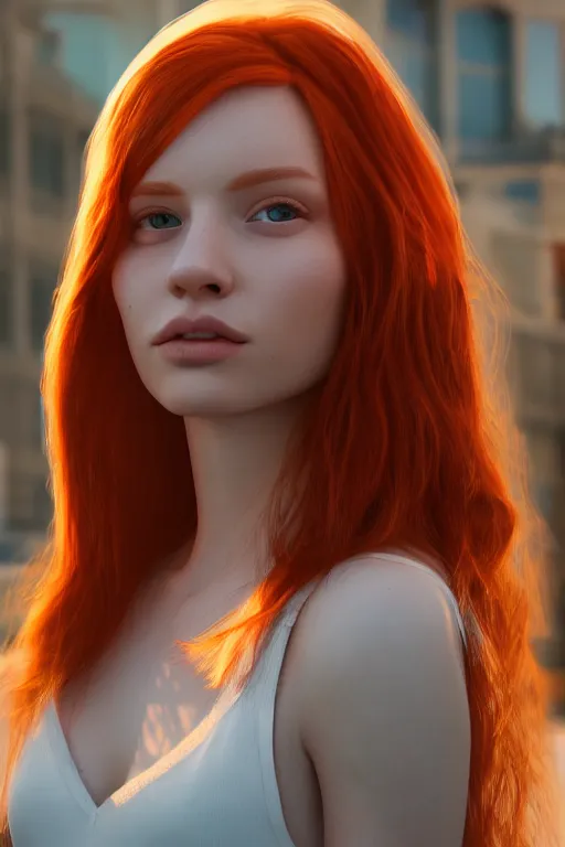 Prompt: hyperrealistic portrait of stunningly beautiful redhead nordic girl, lit in a dawn light, busy city on background, trending on artstation,ultrawide angle, f8 , polarizer , unreal engine