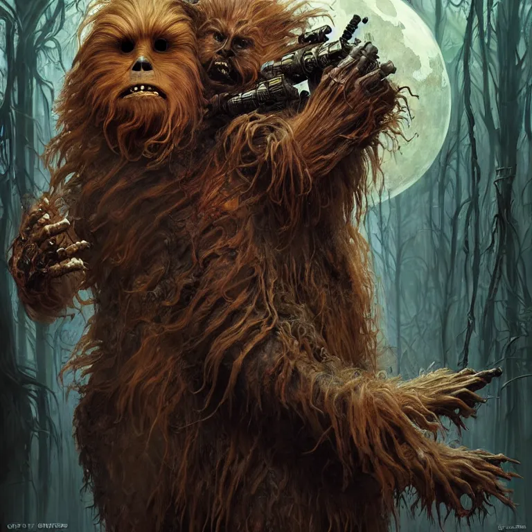 Image similar to scary star wars horrific zombie chewbacca and wookies with mange on the planet kashyyyk, dark fantasy, body horror, sores and scars, undead. highly detailed, biopunk, digital painting, by greg rutkowski, artgerm and alphonse mucha