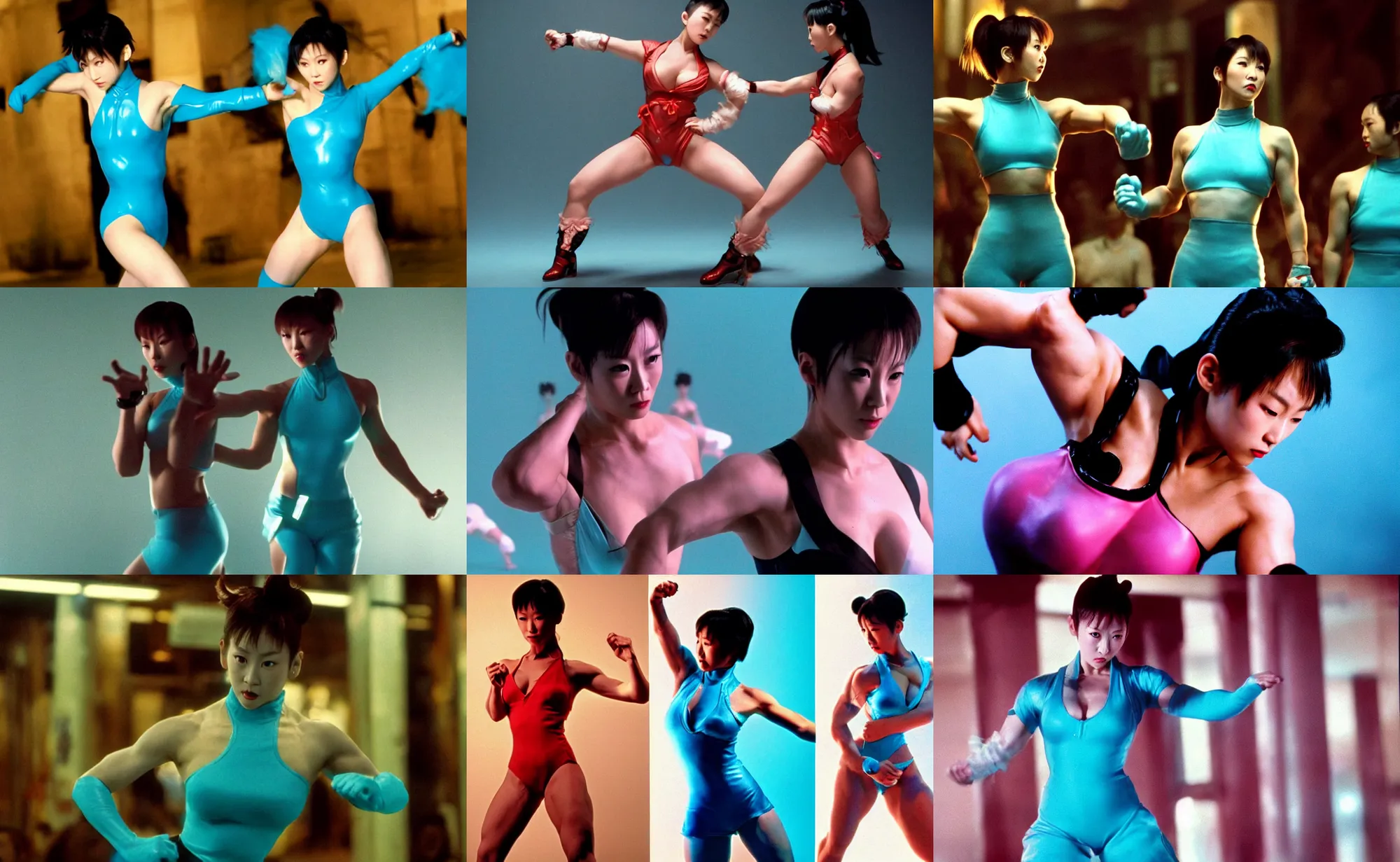 Prompt: stunning stills of Chun li, wearing a cyan bodysuit, fighting in the movie Fight Club (1999), dynamic pose, dramatic lighting