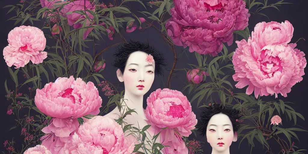 Image similar to breathtaking detailed concept art painting blend of pink short hair goddesses of peonies by hsiao - ron cheng with anxious piercing eyes, vintage illustration pattern with bizarre compositions blend of flowers and fruits and birds by beto val and john james audubon, exquisite detail, extremely moody lighting, 8 k