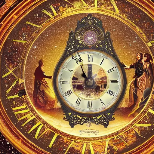 Prompt: a man looking at a giant, detailed, ornamented clock floating in the distance with the cosmos and stars visible in the background, album artwork style.